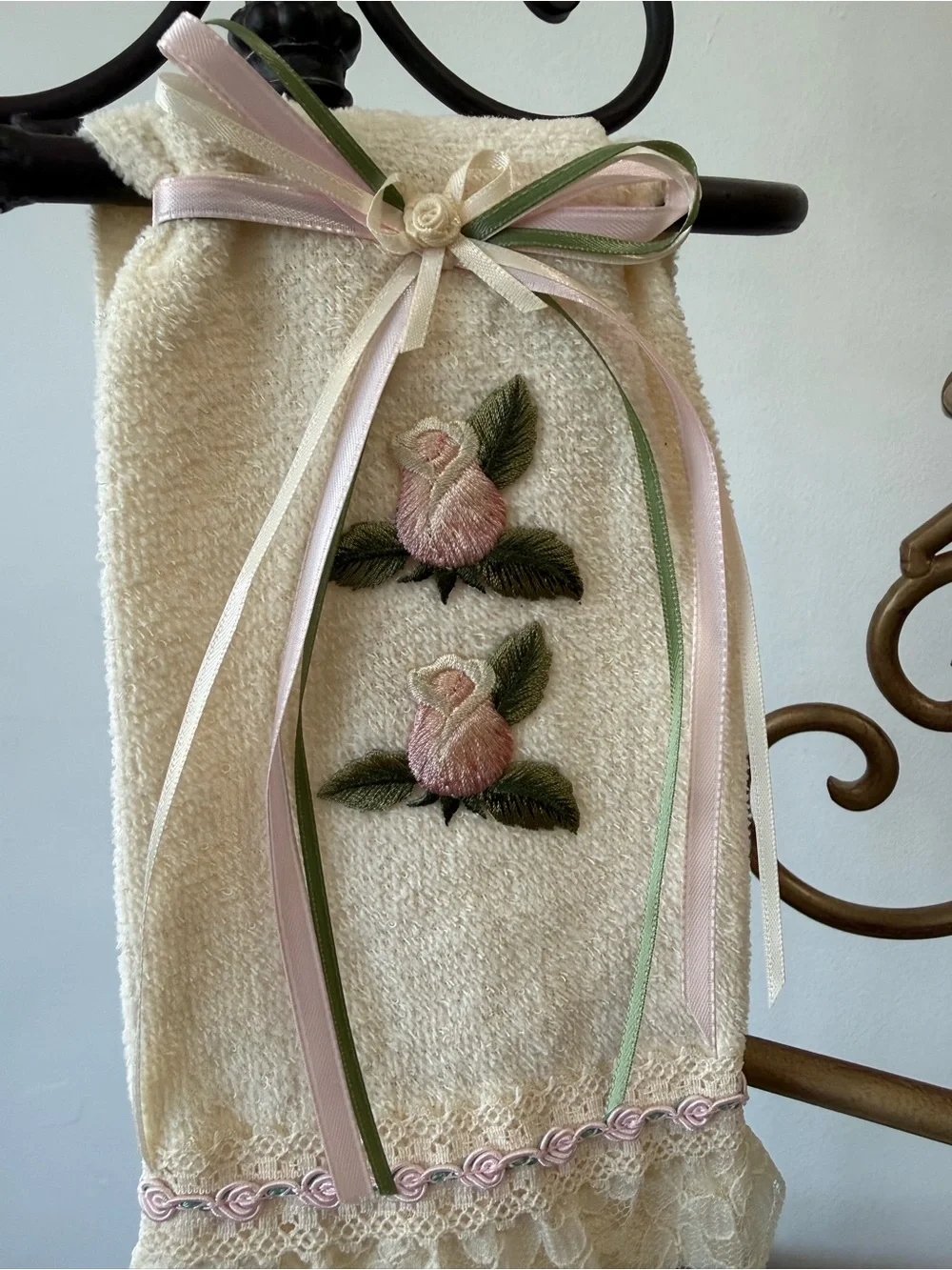 Hand Crafted Cream and Pink Floral Hand Towel & Spare Toilet Paper Holder